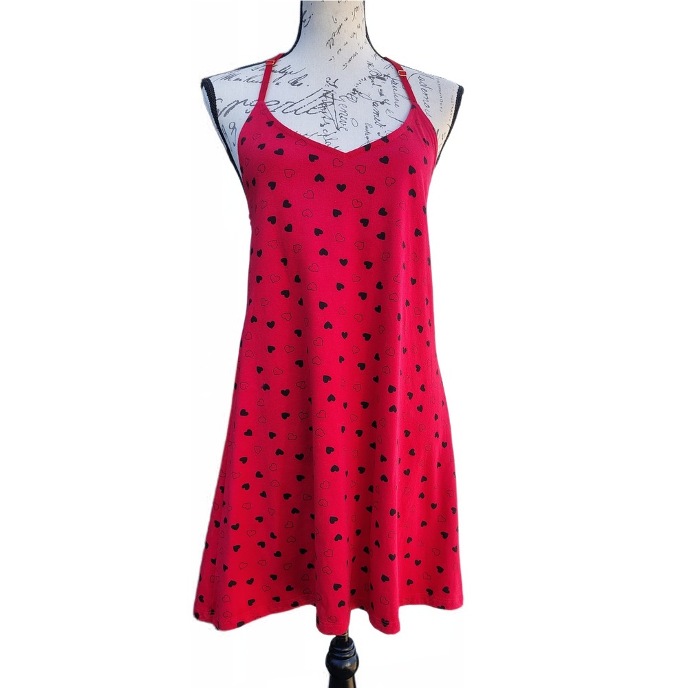 Daisy Fuentes Red &‎ Black Heart Nightgown Lace Back Chemise Slip M Y2K Coquette